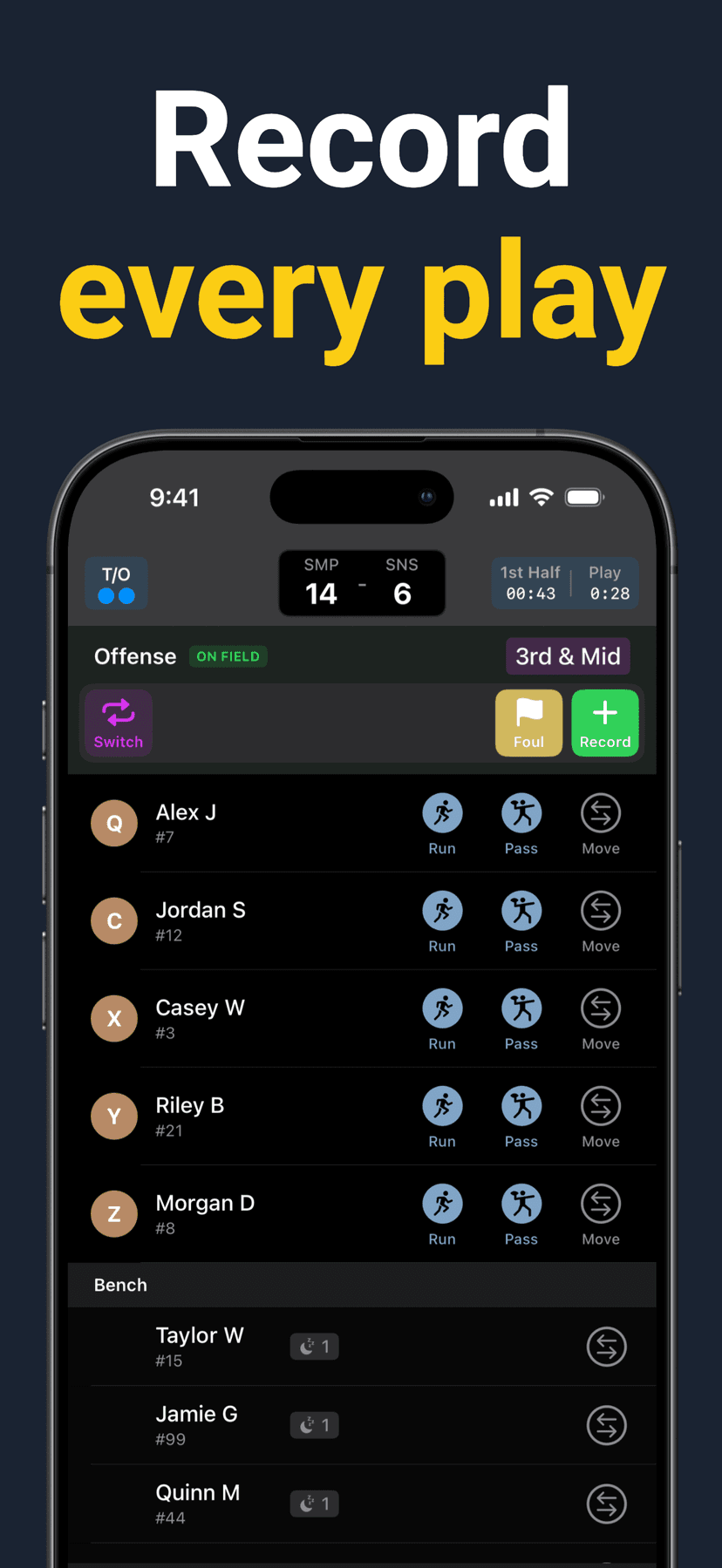 Flag Huddle statistics screen showing player stats and game summary