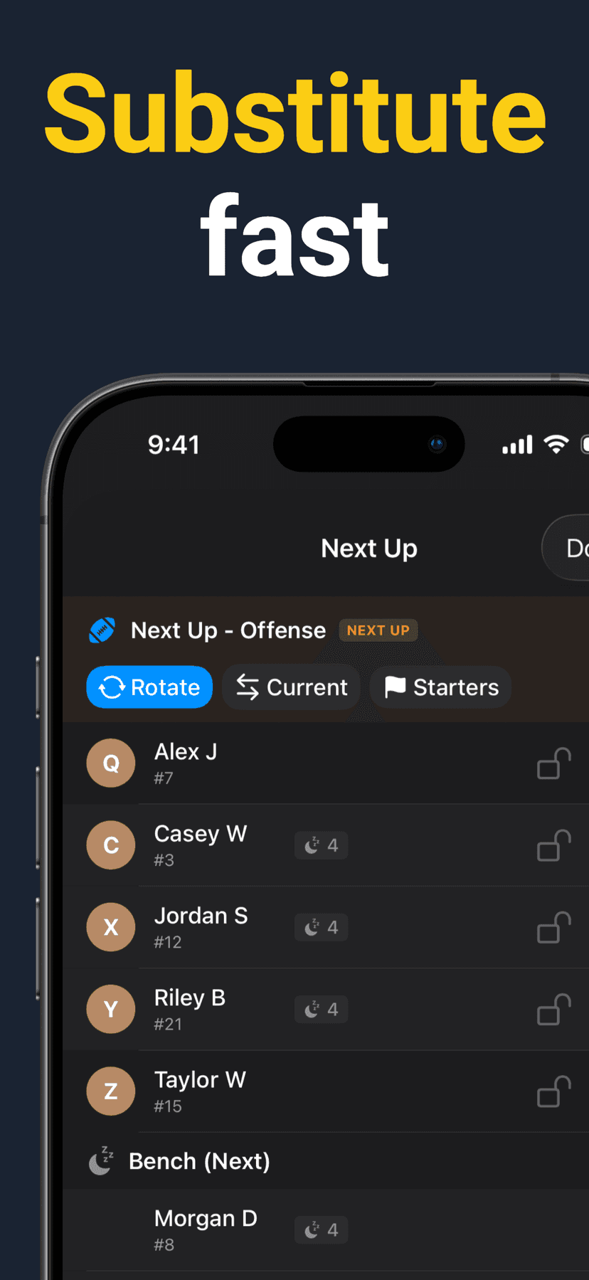 Flag Huddle substitutions screen for managing lineups during a game