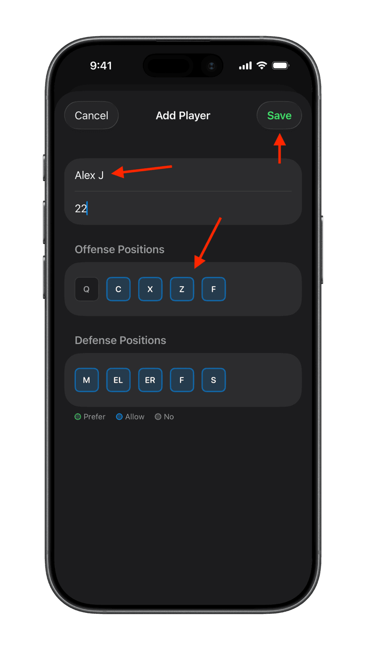 Flag Huddle Player details screen for adding a new player