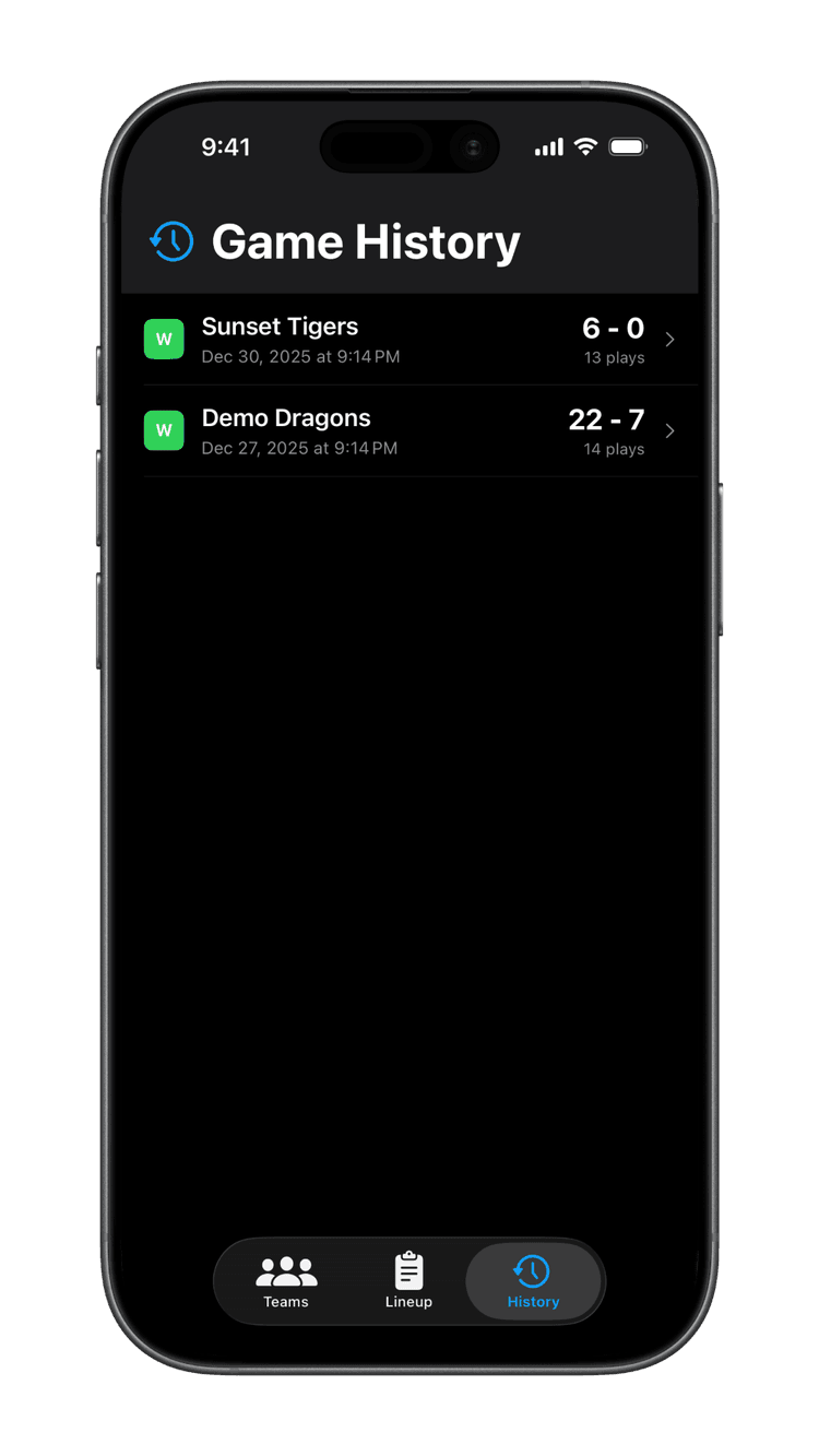 Game History screen showing past games with scores