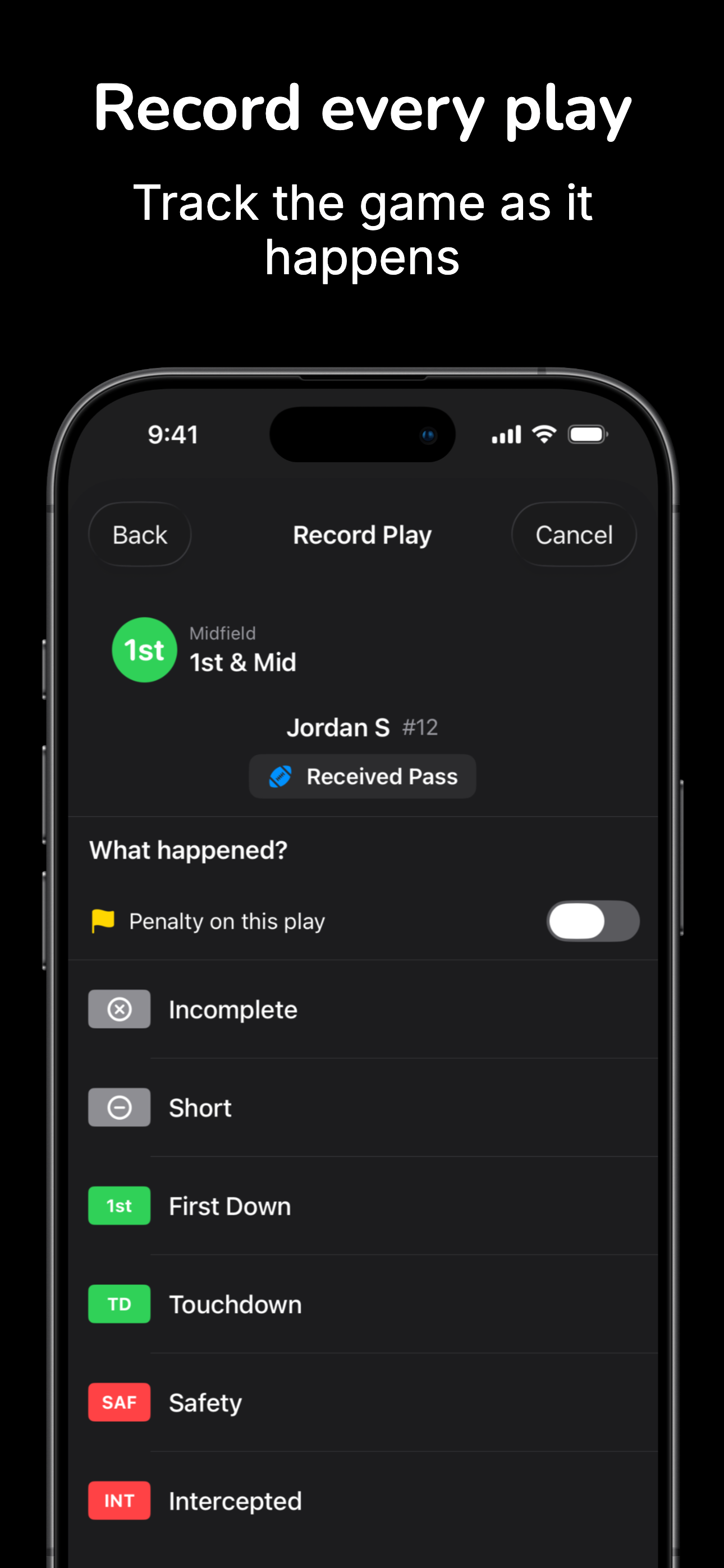 Flag Huddle statistics screen showing player stats and game summary