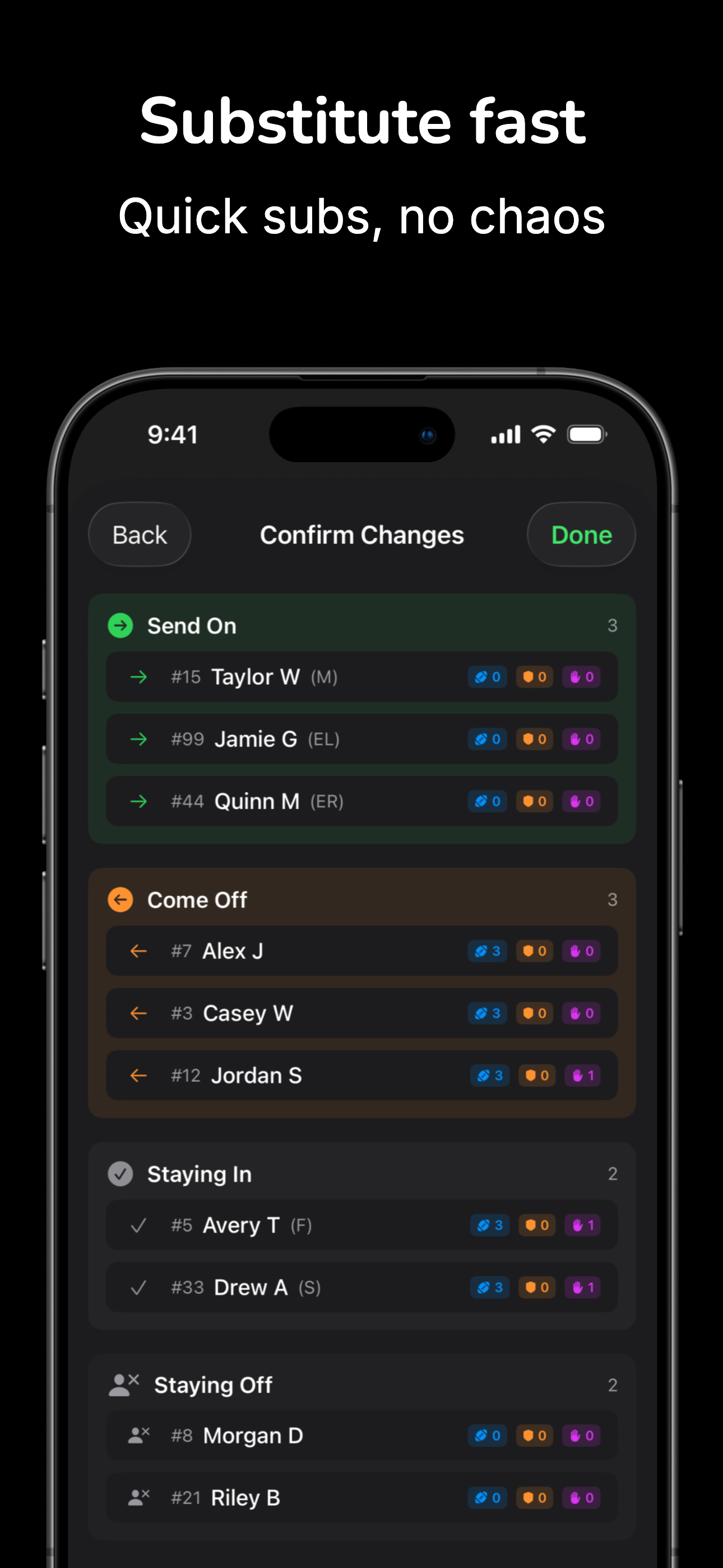 Flag Huddle substitutions screen for managing lineups during a game