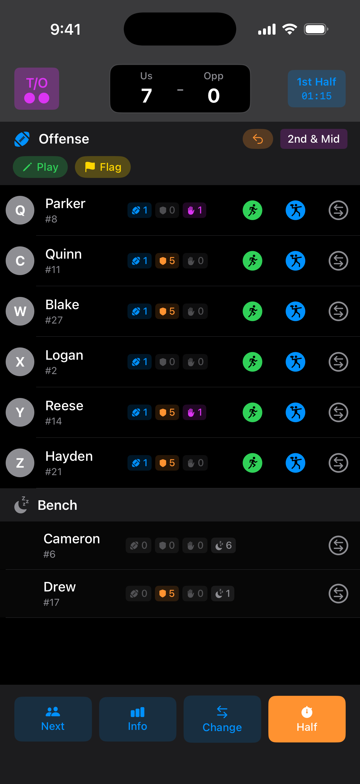 Flag Huddle play recording screen showing in-game actions