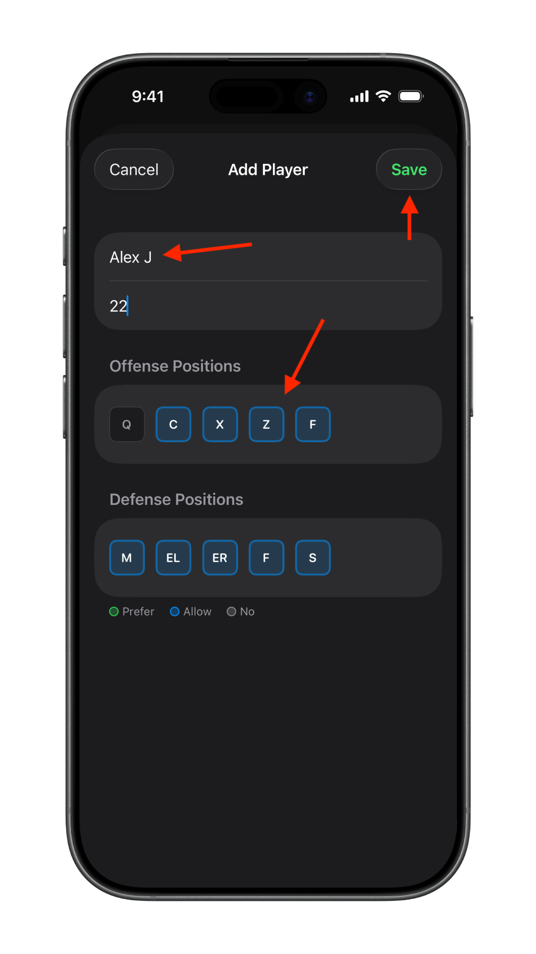 Flag Huddle Player details screen for adding a new player