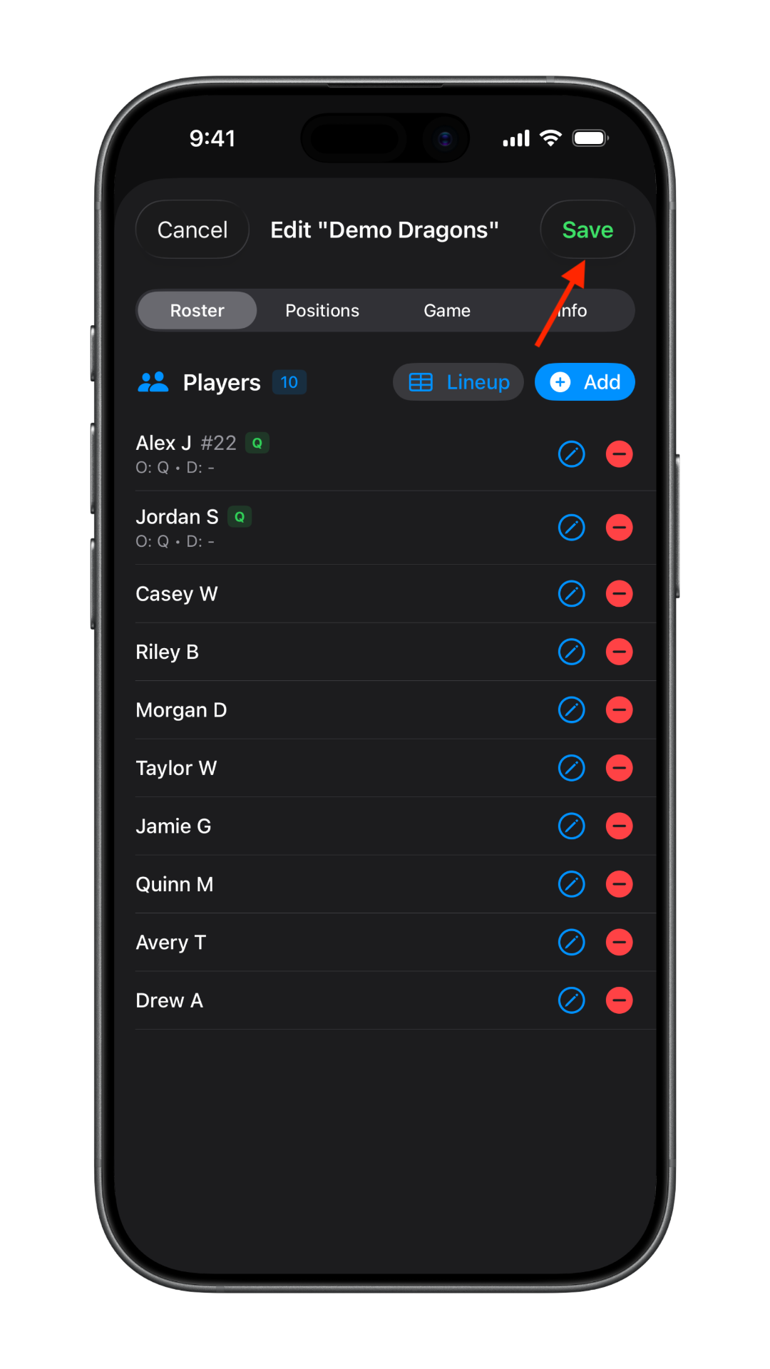 Flag Huddle Save Team dialog