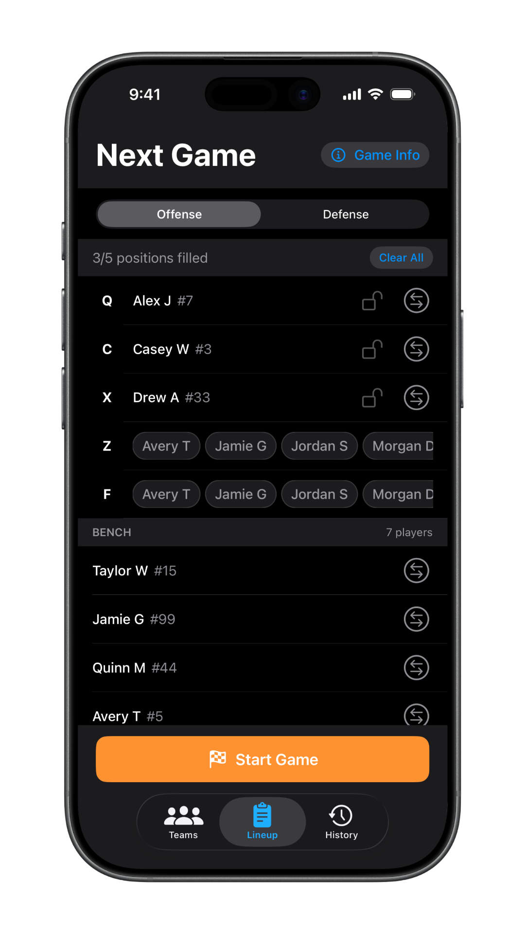 Selecting a player from the bench to add to the lineup