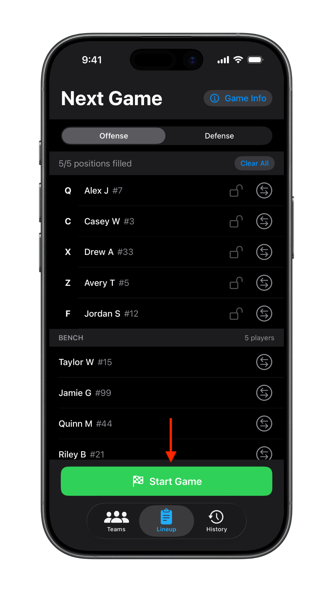 Complete lineup with all positions filled and ready for game day