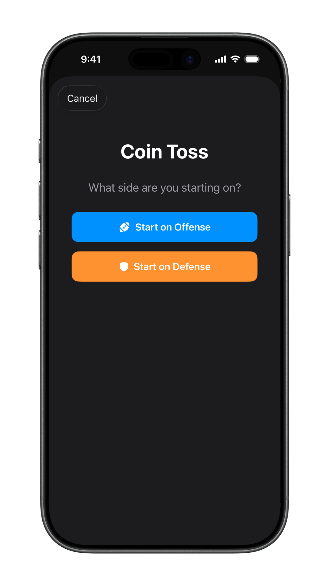 Coin toss screen to choose starting on offense or defense