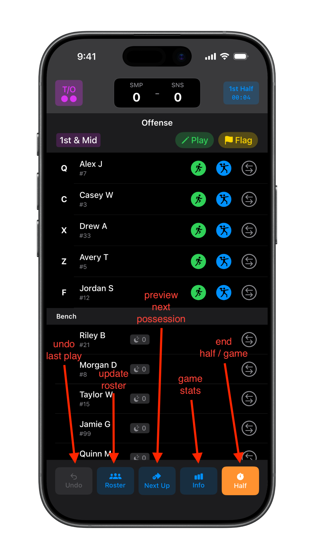Coin toss screen to choose starting on offense or defense