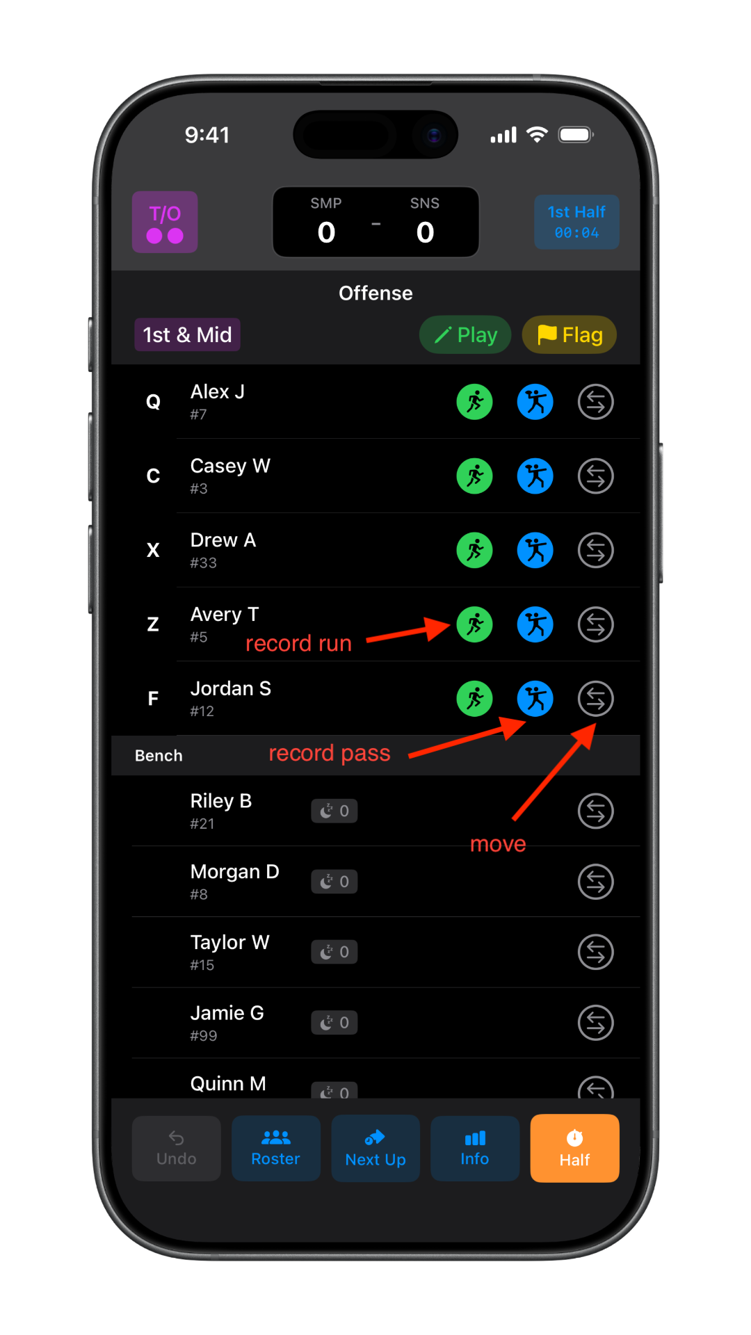 Offense game screen showing current lineup, down, and play buttons