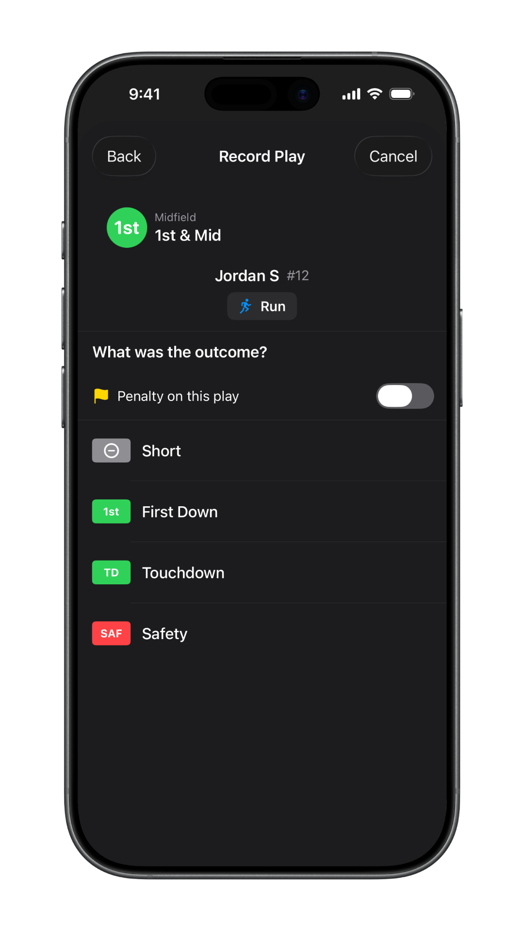 Recording a pass play with completion and outcome options