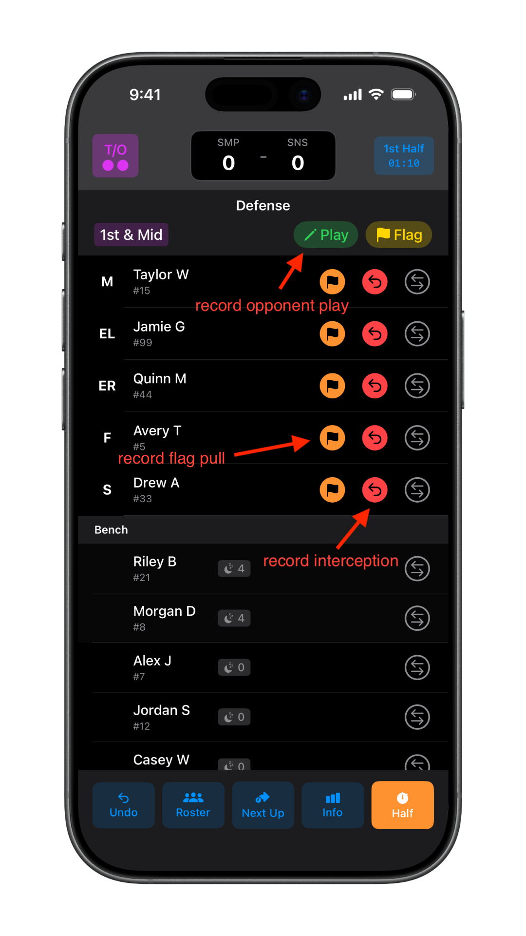 Defense game screen showing defensive lineup and flag pull tracking