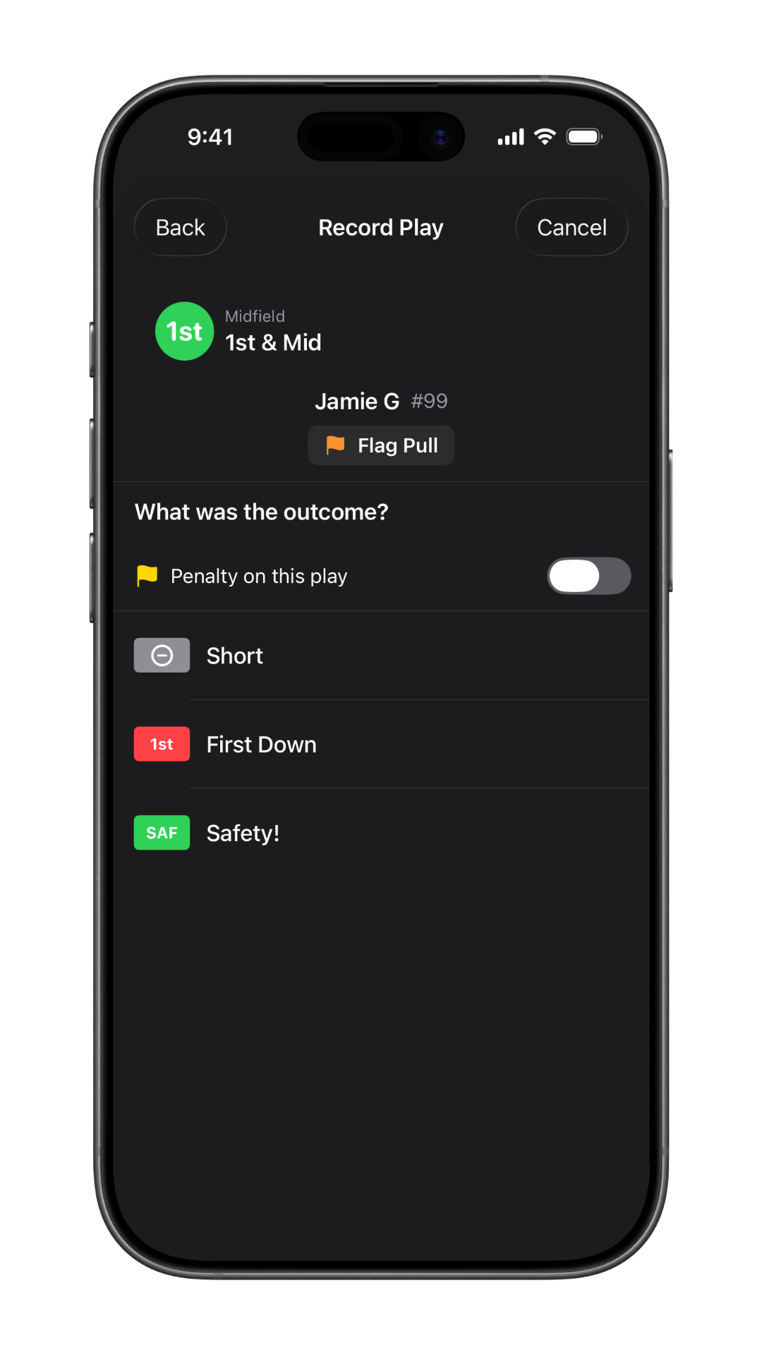 Recording a defensive flag pull with outcome options