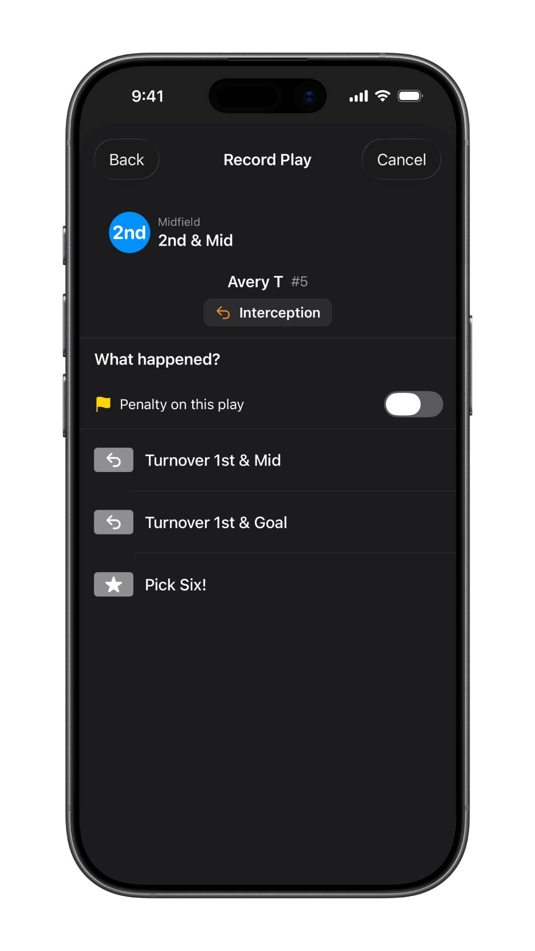 Recording a defensive interception with outcome options