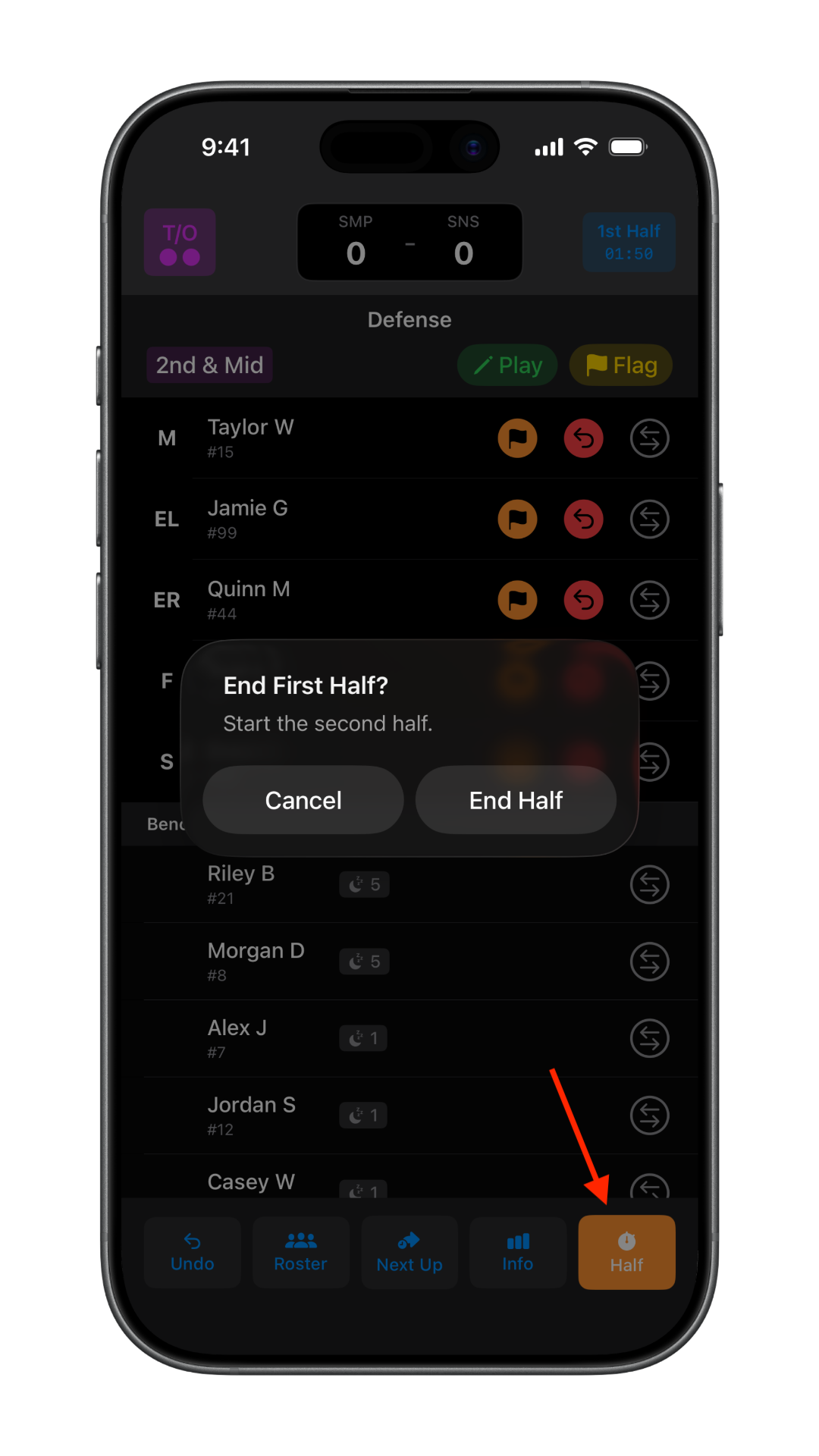 End First Half dialog to start the second half