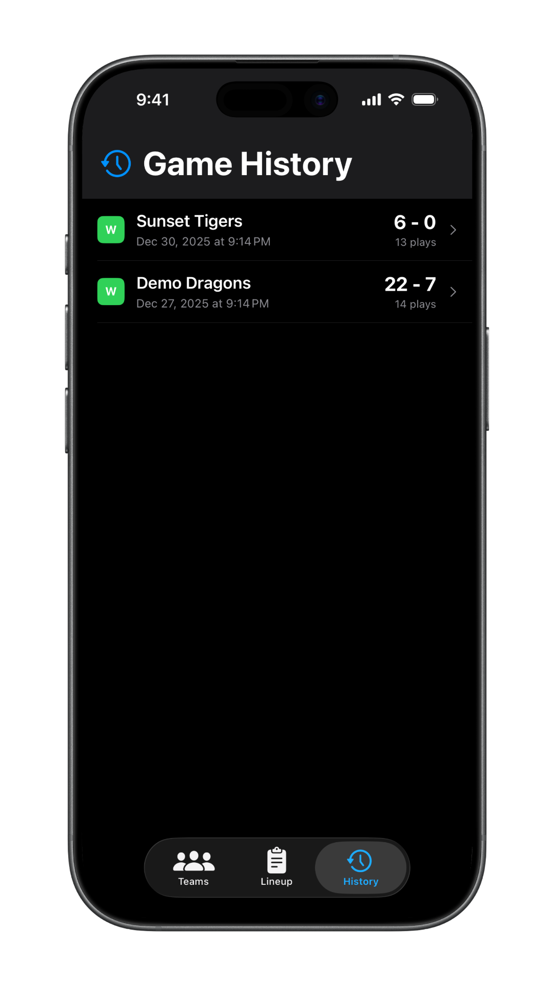 Game History screen showing past games with scores