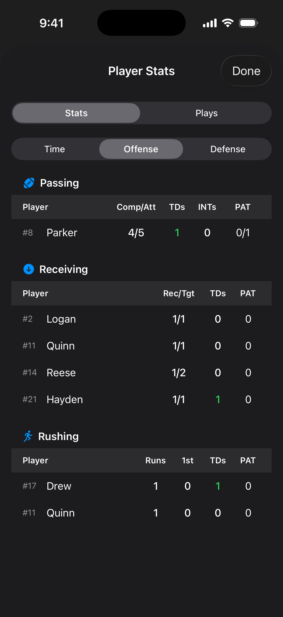 Flag Huddle statistics screen showing player stats and game summary