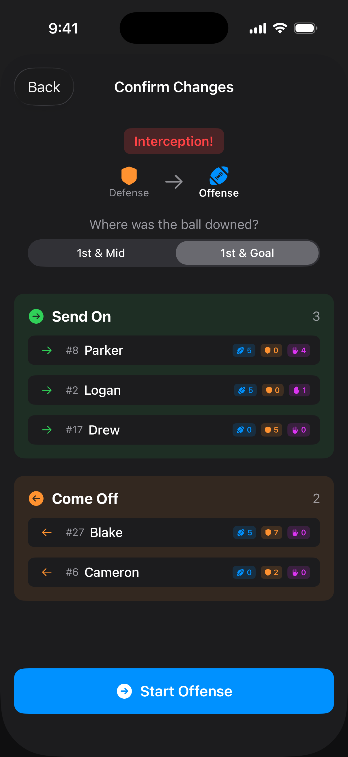 Flag Huddle substitutions screen for managing lineups during a game